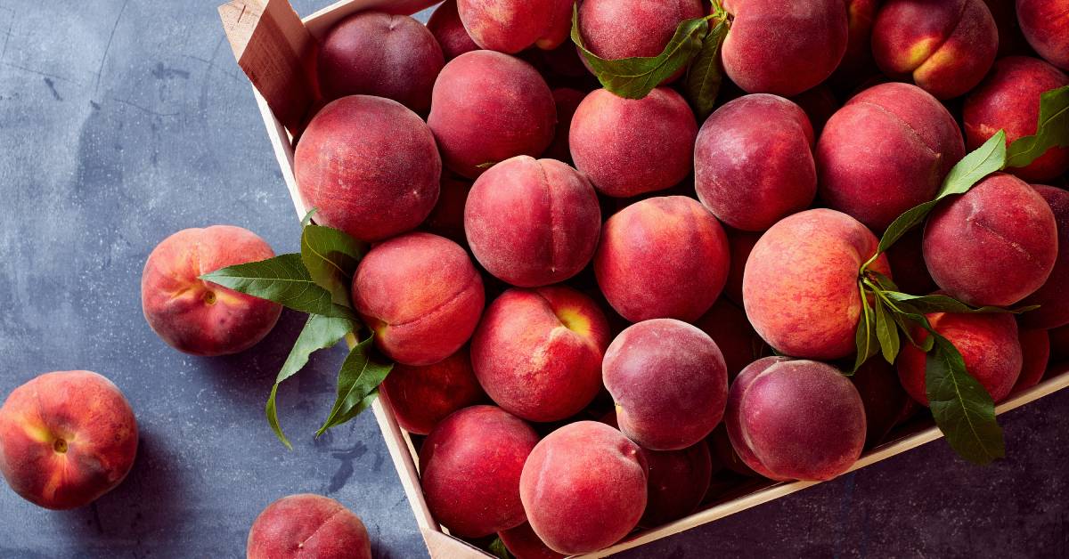 A close-up of a bulk supply of fresh peaches sitting inside a wooden crate that’s on top of a black table.