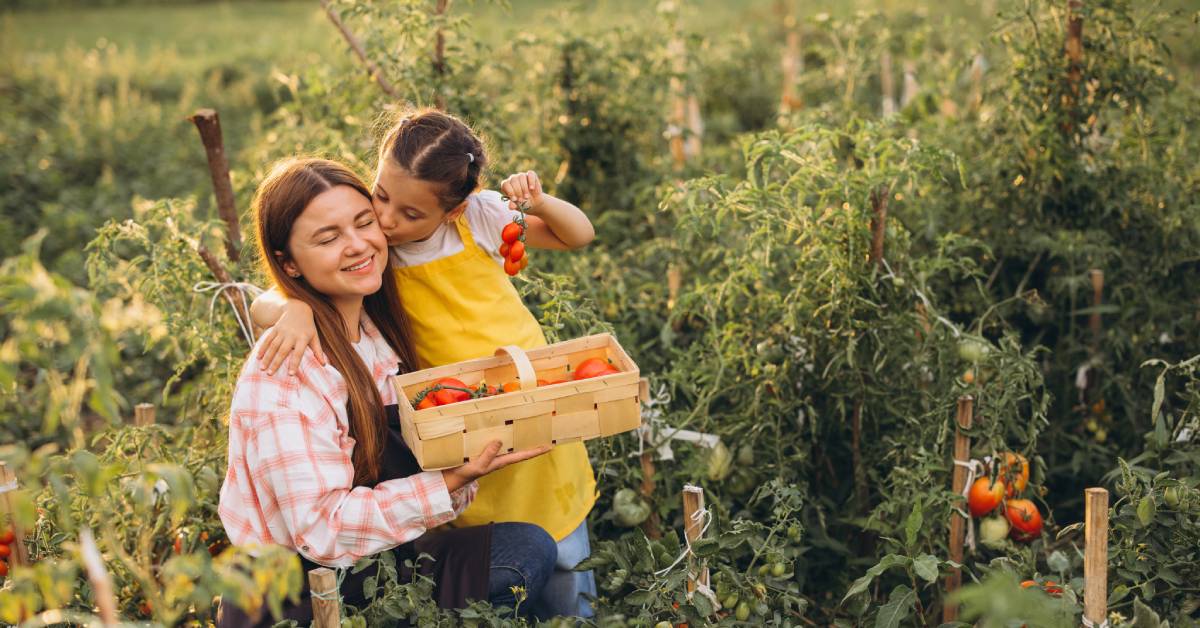 Two children crouch in a field while harvesting red tomatoes. One child kisses the other on the cheek.